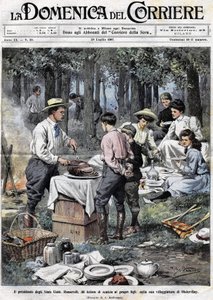 Prezydent Stanów Zjednoczonych Theodore Roosevelt (1858 - 1919) nauczył swoich synów obowiązków człowieka dobrego społeczeństwa, odcinając nogę podczas pikniku w swojej drugiej rezydencji w Oister Bay. Ilustracja autorstwa Achille Beltrame. Domenica del Co autorstwa Achille Beltrame