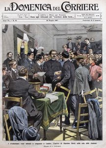 Przybycie Maksyma Gorkiego do sali konferencyjnej Kongresu w Londynie po rewolucji 1905 roku w Rosji. Okładka La Domenica del Corriere z 26.05.1907. autorstwa Achille Beltrame