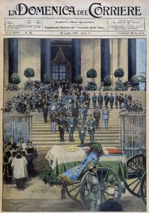 Poświęcenie doczesnych szczątków księcia Aosty w Turynie, po tym jak procesja pogrzebowa przeszła przez całe miasto - dess. de A. Beltrame w „” la Domenica del Corriere”” z dnia 19.07.1931 r. autorstwa Achille Beltrame