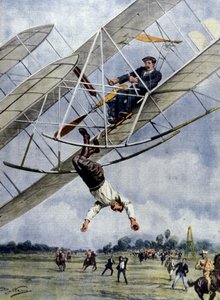 Dramaty w powietrzu: Orville Wright i amerykański porucznik Selfridge lecą swoim samolotem z wysokości trzydziestu metrów. Ilustracja autorstwa Beltrame. Domenica del Corriere. 1908. autorstwa Achille Beltrame