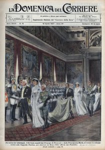 Para królewska, Wiktor Emanuel III (Victor-Emmanuel) (Vittorio Emanuele III) (1869-1947) i jego żona Helene z Czarnogóry, a następnie książę Humbert (Umberto) II i Mary Jose (Marie-Jose z Belgii, Maria Jose z Sabaudii) ) udaj się do kaplicy Paolina (Paol autorstwa Achille Beltrame