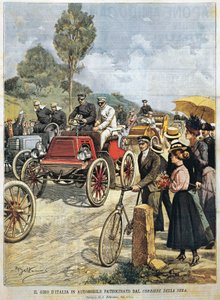 Samochodowa wycieczka po Włoszech, sponsorowana przez Corriere della Sera, ilustracja Achille Beltrame z La Domenica del Corriere, 19 maja autorstwa Achille Beltrame