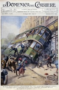 Wypadek tramwajowy w Glasgow, Szkocja: jeden z wagonów wylał się na porcelanową gablotę i na przechodniów - rysunek A. Beltrame, w „La Domenica del Corriere” z 1 lutego 1931 r. autorstwa Achille Beltrame