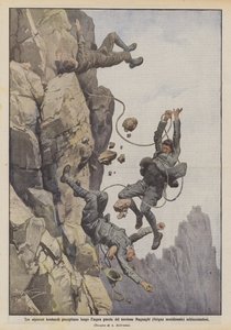 Trzech alpinistów z Lombardii upada wzdłuż nierównej ściany wieży Magnaghi (południowa Grigna), miażdżąc autorstwa Achille Beltrame