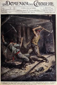 Dwóch francuskich i portugalskich górników walczących toporami w galerii z powodu historii miłosnej - rysunek A. Beltrame, w „La Domenica del Corriere” z 1 lutego autorstwa Achille Beltrame