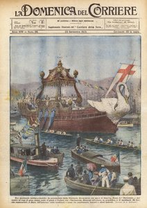 Niezapomniane widowisko, procesja flotylli eucharystycznej nad morzem Genui autorstwa Achille Beltrame