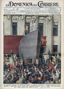 Wizyta księcia Benito Mussoliniego w Mesynie podczas wycieczki na Sycylię. Ilustracja Achille Beltrame z „La domenica del corriere” z 22.08.1937 r. autorstwa Achille Beltrame