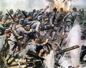 Ofensywa Vittorio Veneto: austriacki odwrót na ilustracji La Domenica del Corriere „Góra przyszła, aby zagrać w piszczałki, zagraj w domu, tragiczny odwrót Piave” (litografia) autorstwa Achille Beltrame