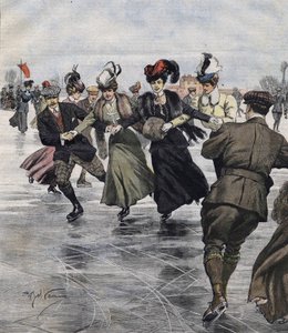 Zimowa zabawa. Łyżwiarze. ilustracja autorstwa Achille Beltrame w 1907 roku. autorstwa Achille Beltrame