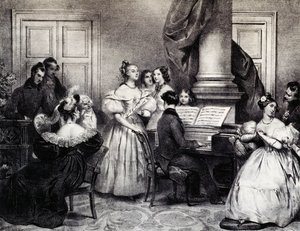 Koncert rodzinny z fortepianem, Achille Deveria (1800-1857), rycina, Francja