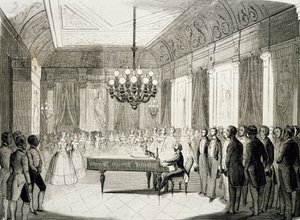 Wieczór muzyczny z fortepianem, Achille Deveria (1800-1857), rycina, Francja