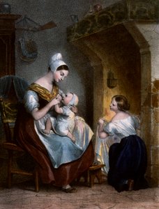 Pielęgniarka karmi piersią dziecko. Litografia, ok. 1850 r