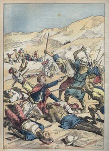 Śmierć markiza Mores (Antoine-Amedee-Marie-Vincent) Manca de Vallombrosa (1858-1896) i jego towarzyszy w pobliżu El-Ouatia (El Ouatia) w Tunezji w 1896 r. - Ilustracja Achille Lemot w „”Le-Pelerin” ” z czerwca 1896 r.