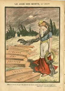Ilustracja Achille Lemot (1846-1909) w Le Pelerin, 11.03.07 - Dzień Zmarłych - Proces Sprawiedliwości, Wiara Religijna, Liberte, Francja, Trójkolorowa flaga, Patriotyzm, Obseque żałobny Pogrzeb, Honor, Szkatułka - Marianne - Śmierć, metafora religijna autorstwa Achille Lemot