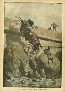 Ilustracja przedstawiająca Achille Lemota (1846-1909) w Le Pelerin, 05.05.07 - W Cannes samochód pana Liegarda spada do morza - Różne fakty, Motoryzacja, Morskie wybrzeże morskie, Wypadki Katastrofy autorstwa Achille Lemot