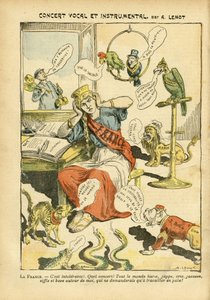 Ilustracja Achille Lemot (1846-1909) w Le Pelerin, 21.05.05 - Koncert wokalno-instrumentalny - Rosja, Niemcy Prusy, Muzyka, Anglia Wielka Brytania, Europa, Japonia, Pokój, Maroko, Dyplomacja, Trójkolorowa flaga, Bloc des left, Śpiewający śpiewacy, Patriot