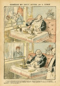 Ilustracja Achille Lemot (1846-1909) w Le Pelerin, 22.05.04 - Komedia w dwóch aktach - Kawiarnie restauracyjne, Kuchnia gastronomiczna, Socjalizm - Boys de Cafe, Trufla - Tłuszcz/chude autorstwa Achille Lemot