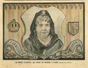 Ilustracja Achille Lemot (1846-1909) w Le Pelerin, 24.04.04 - Królowa Izabela, która właśnie zmarła w Paryżu - Paryż, Hiszpania, Monarchia, Zagraniczny Władca - Izabela II Hiszpanii (1830-1904) autorstwa Achille Lemot