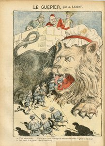 Ilustracja Achille Lemot (1846-1909) w Le Pelerin, 25.08.07 - Le Guepier - Wojna, Niemcy Prusy, Anglia Wielka Brytania, Hiszpania, Morskie Wybrzeże - Lew/Tygrys