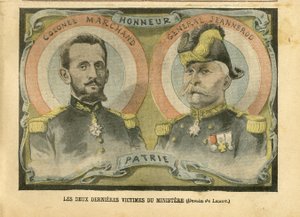 Ilustracja Achille Lemot (1846-1909) w Le Pelerin, 29/05/04 - Dwie ostatnie ofiary ministerstwa - Armee, Ministere de la guerre, Patriotisme - Laicisation Laicite Lois laiques - Marchand Jean-Baptiste (1863-1924), General Generaux, Jeannerod Gaspa autorstwa Achille Lemot