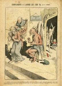 Ilustracja Achille Lemot (1846-1909) w Le Pelerin, 31.12.05 - Komplementy roku, który odchodzi - Religia Wiara, Katolicyzm - Combes Emile (1835-1921), Diabeł, Czas (alegoria) autorstwa Achille Lemot