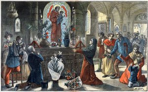 Nabożeństwo do św. Antoniego z Padwy (San Antonio di Padova) jednoczy przed jego ołtarzem wszystkie warstwy społeczne - ilustracja Achille Lemota w „Le-Pelerin” z 1896 r.