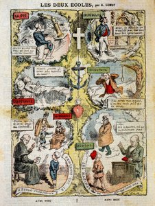 Dwie szkoły: karykatura o różnicach między szkołą wyznaniową a świecką – Lemota, w „Le Pelerin” z 04.04.1909.
