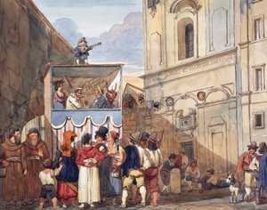 Teatr lalek w rzymskim kościele Świętych Quirico i Giuditta, Achille Pinelli (1809-1841), akwarela, detal, Włochy