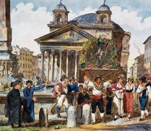Święto truskawek w Panteonie w Rzymie, akwarela Achille Pinelli (1809-1841), Włochy
