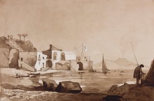 Port pod banderą Borbone z Wezuwiuszem na południu, z dodatkami ucznia Borbone (ołówek, sepia i gwasz na papierze)