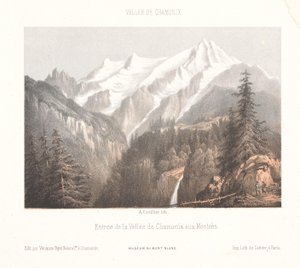 Widok na Chamonix z lodowcem Mer-de-Glace i Aiguille du Dru Chamonix, le Glacier des Bois, et le Dru (tytuł na obiekcie) Wspomnienia Chamonix-Mont-Blanc (tytuł serii) Museum du Mont-Blanc (tytuł serii)