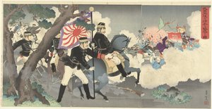 Jak nasze siły zbrojne pokonują chińskich żołnierzy w Pjongjangu. Waga gun Heijo no shinhei o gekiha suru zu. (tytuł na obiekcie)