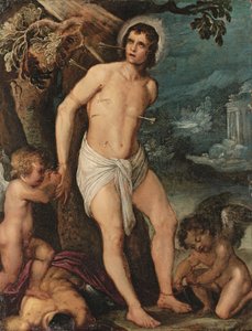 Święty Sebastian w asyście aniołów (olej na miedzi) autorstwa Adam (circle of) Elsheimer