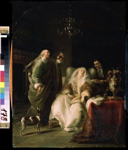 "La Consult du medecin" (Kobieta chora i lekarz) Lekarz bada fiolkę moczu podczas konsultacji chorej. Obraz Adama Brauna (1748-1827) Muzeum Sztuki Michaiła Kroszyckiego, Sewastopol (Sewastopol) Ukraina autorstwa Adam Braun