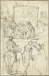 Josephus wird von Nicanor vor Kaiser Vespasianus geführt Josephus jest prowadzony przez Nicanora przed cesarzem Wespazjanem. autorstwa Adam Elsheimer