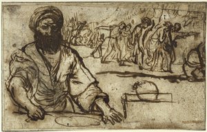 Siedzący brodaty mężczyzna, w tle pochód ludzi i jeźdźców autorstwa Adam Elsheimer