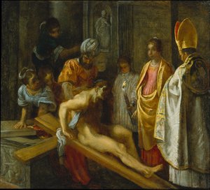 Frankfurcki ołtarz Podwyższenia Krzyża Świętego: Próba krzyża (pośrodku po prawej) autorstwa Adam Elsheimer
