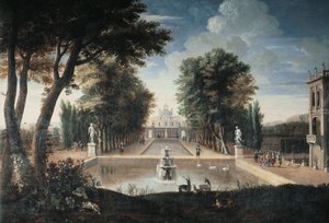 Widok na pałac (olej na płótnie) autorstwa Adam Frans van der (style of) Meulen