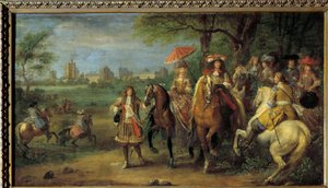 Król Ludwik XIV (1638-1715) i królowa Austrii Maria Teresa (1638-1683) idący przed zamkiem Vincennes w 1669 Obraz Adama Fransa Van der Meulena (1632-1690) autorstwa Adam Frans van der Meulen