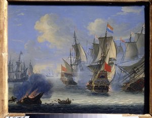 Bitwa morska (bitwa morska). Obraz Adama Silo (1674-1757). Olej na płótnie, 25 x 33,5 cm. Sztuka holenderska, sztuka barokowa. Państwowe Muzeum Sztuki, Tula (lub Tolan).