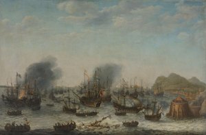 Klęska Hiszpanów pod Gibraltarem przez flotę holenderską pod dowództwem admirała Jacoba van Heemskercka, 25 kwietnia 1607 autorstwa Adam Willaerts (signed by artist)
