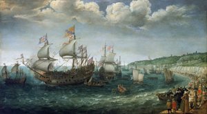 Zaokrętowanie Fryderyka I Wittelsbacha (1596-1632), elektora Palatynatu (który zostanie królem Czech), na statku "Prince Royal" w Dover (Anglia), 25 kwietnia autorstwa Adam Willaerts