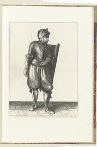 Ćwiczenie z tarczą i rapierem: żołnierz przenosi tarczę z tyłu przez lewe ramię (nr 2), 1618 Nassausche Wapen-Handelinge, van Schilt, Szpiedzy, Rappier i Tarcza : przedstawione beyde figuerlick i oprawione w nowy porządek [z] (... autorstwa Adam van Breen