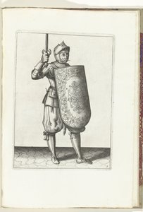 Ćwiczenie na tarczę i rapier: Żołnierz trzyma wyciągnięty rapier nie wyżej niż twarz (nr 5), 1618 Nassausche Wapen-Handelinge, van Schilt, Szpiedzy, Rappier i Tarcza: przedstawiony beyde figuerlick i oprawiony w nowy porządek [z] autorstwa Adam van Breen