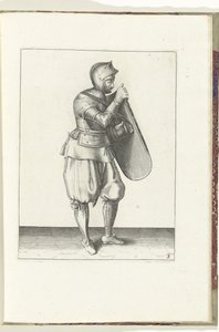 Wiertło z tarczą i rapierem: żołnierz prawą ręką trzyma tarczę, lewą chwyta za pas (nr 3), 1618 Nassausche Wapen-Handelinge, van Schilt, Szpiedzy, Rappier i Tarcza: przedstawione beyde figuerlick, a obramowane po autorstwa Adam van Breen