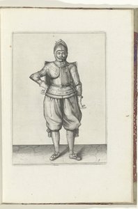 Wiertło z tarczą i rapierem: żołnierz w spoczynku z tarczą na plecach (nr 1), 1618 Nassausche Wapen-Handelinge, van Schilt, Szpiedzy, Rappier i Tarcza : przedstawiony beyde figuerlick i oprawiony w nowy porządek [z] (...) Maurits van Nassa autorstwa Adam van Breen