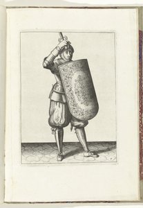 Wiertło z tarczą i rapierem: jak żołnierz powinien zamknąć przyłbicę hełmu z tarczą i narysowanym rapierem w dłoni (nr 7), 1618 Nassausche Wapen-Handelinge, van Schilt, Szpiedzy, Rappier i Tarcza: przedstawiony beyde figuerlick i