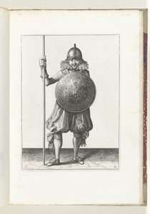 Ćwiczenie z tarczą i włócznią: żołnierz trzykrotnie cofa włócznię do pozycji spoczynkowej, ruch trzeci (nr 12), 1618 Nassausche Wapen-Handelinge, van Schilt, Szpiedzy, Rappier i Tarcza: przedstawione beyde figuerlick, otoczone ramką autorstwa Adam van Breen