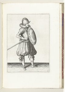 Ćwiczenie z tarczą i kolcem: Żołnierz ustawia kolec w pozycji do ciągnięcia dwa razy, drugi ruch (nr 14), 1618 Nassausche Wapen-Handelinge, van Schilt, Szpiedzy, Rappier i Tarcza: przedstawiony beyde figuerlick, oprawiony w nowy autorstwa Adam van Breen