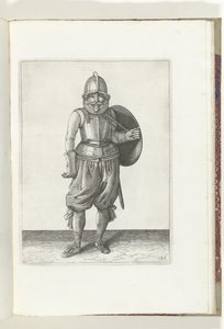 Ćwiczenie z tarczą i kolcem: Żołnierz odkłada tarczę do tyłu lewym ramieniem (nr 26), 1618 De Nassausche Wapen-Handelinge, van Schilt, Spies, Rappier ende Targe : przedstawiony beyde figuerlick, ende oprawiony w nowy porządek [z] (..